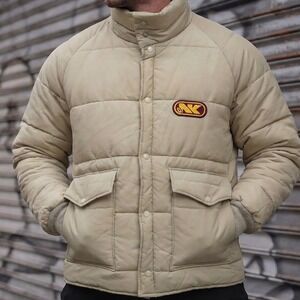 Vintage K-Brand Tan Puffer Jacket XL Made in USA NK Patch Quilted Winter Coat